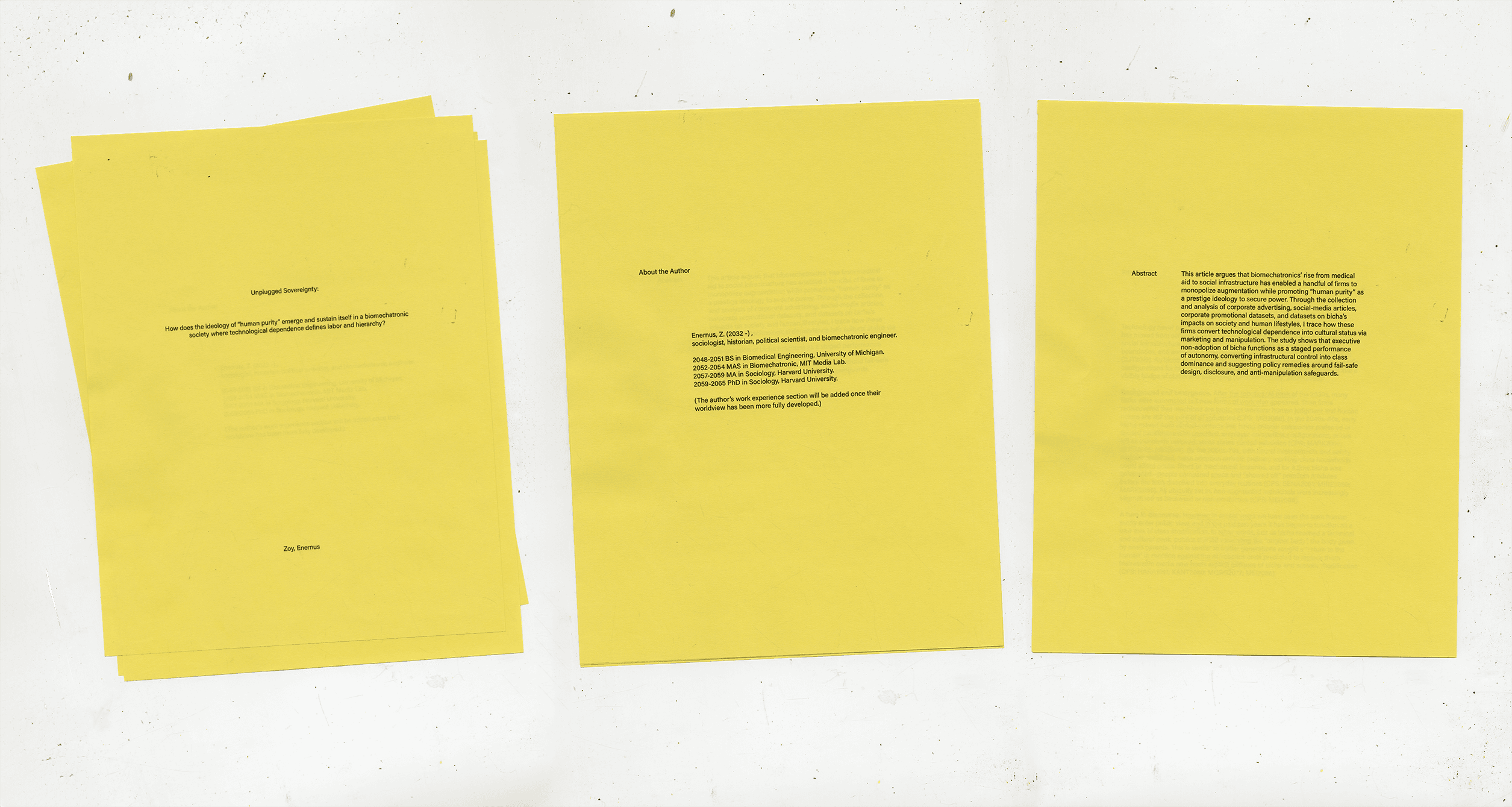 Three yellow typographic publication pages