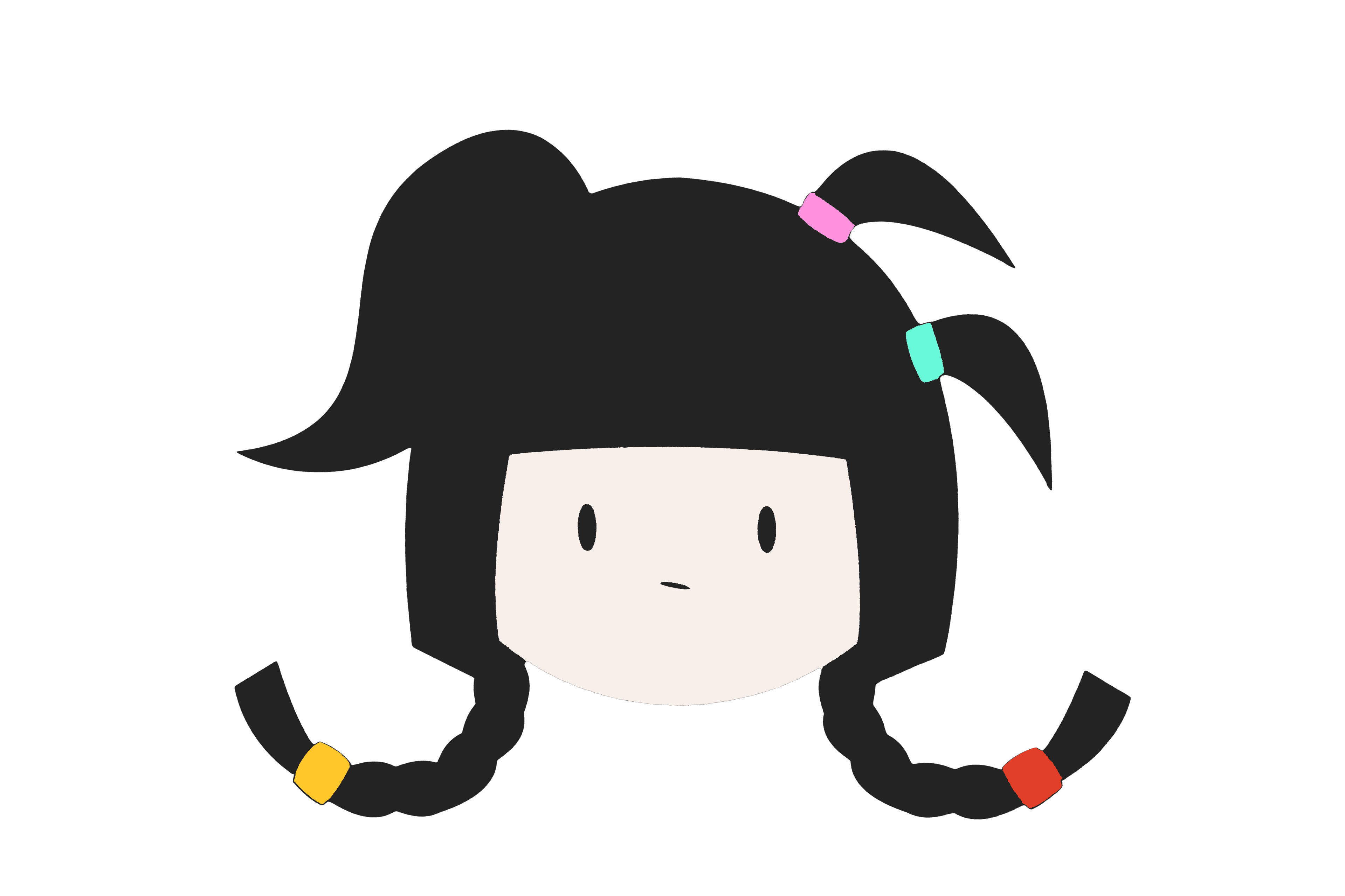 Stylized self-portrait with a dark background and four colorful marks