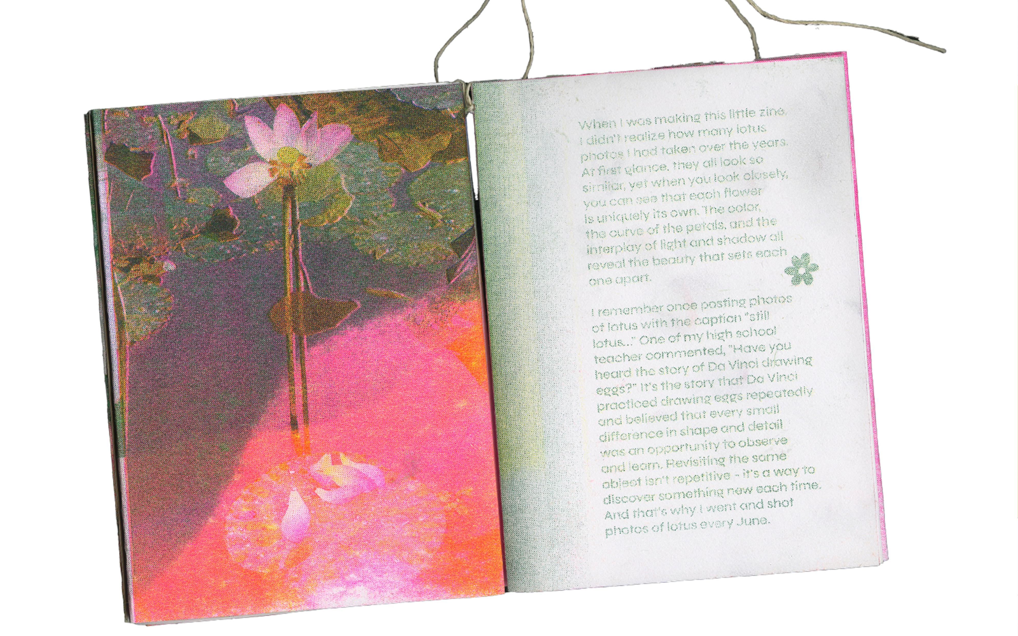 An open Flower RISO Zine with layered floral imagery