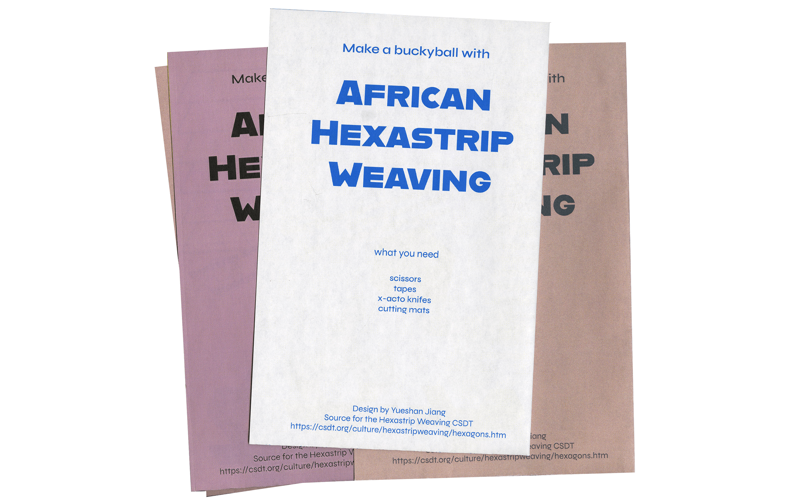 Three printed African hexastrip weaving tutorial handbooks