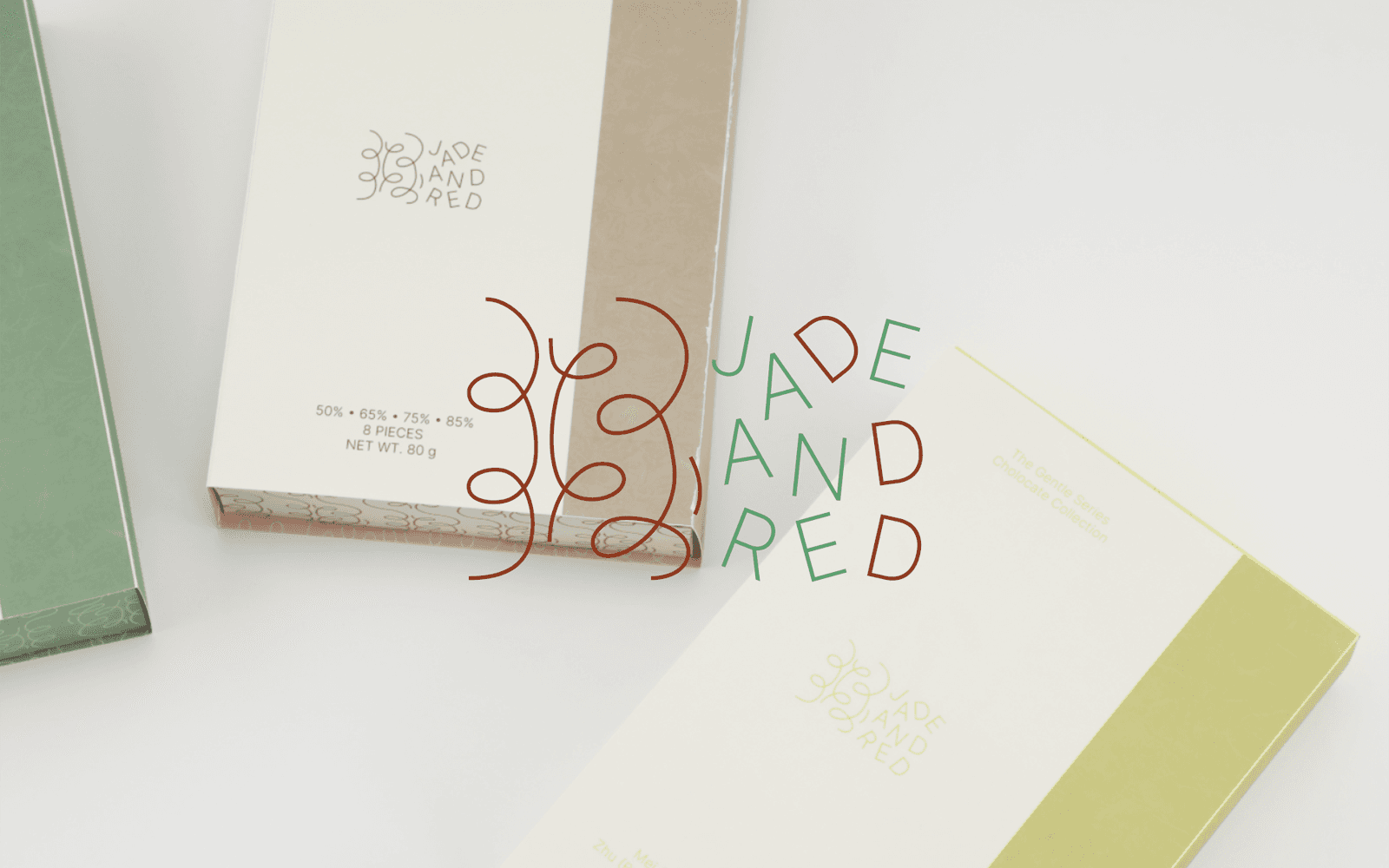 Jade and Red chocolate collection boxes with the custom identity
