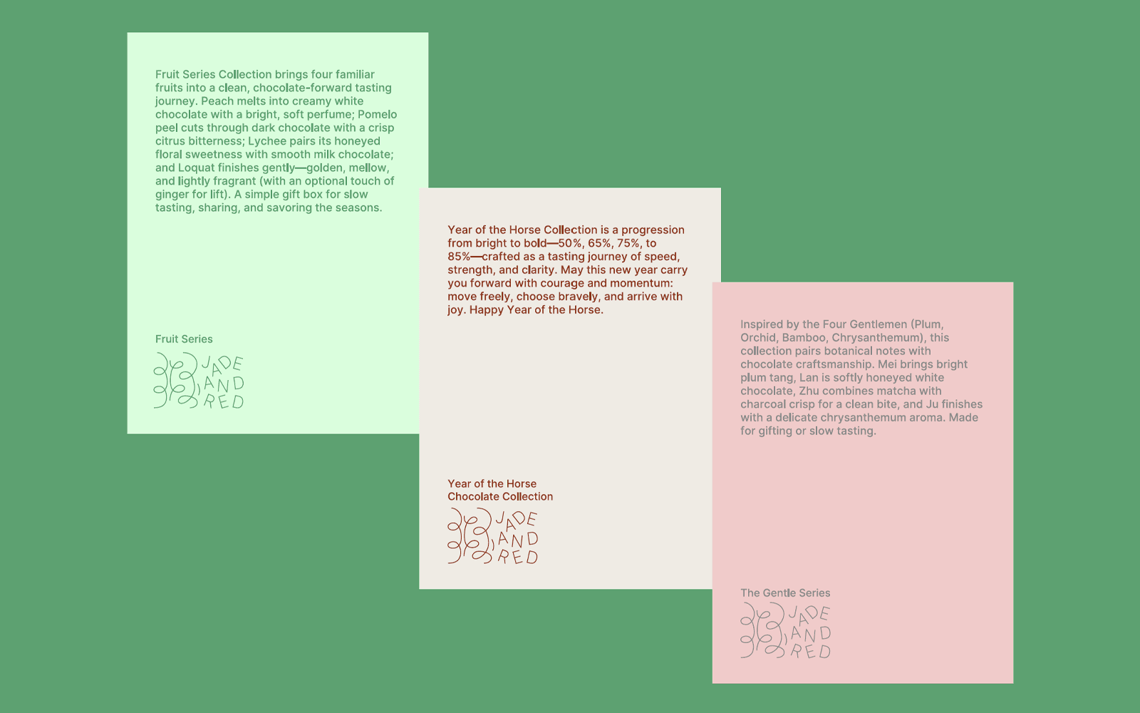 Three chocolate collection concept and identity panels