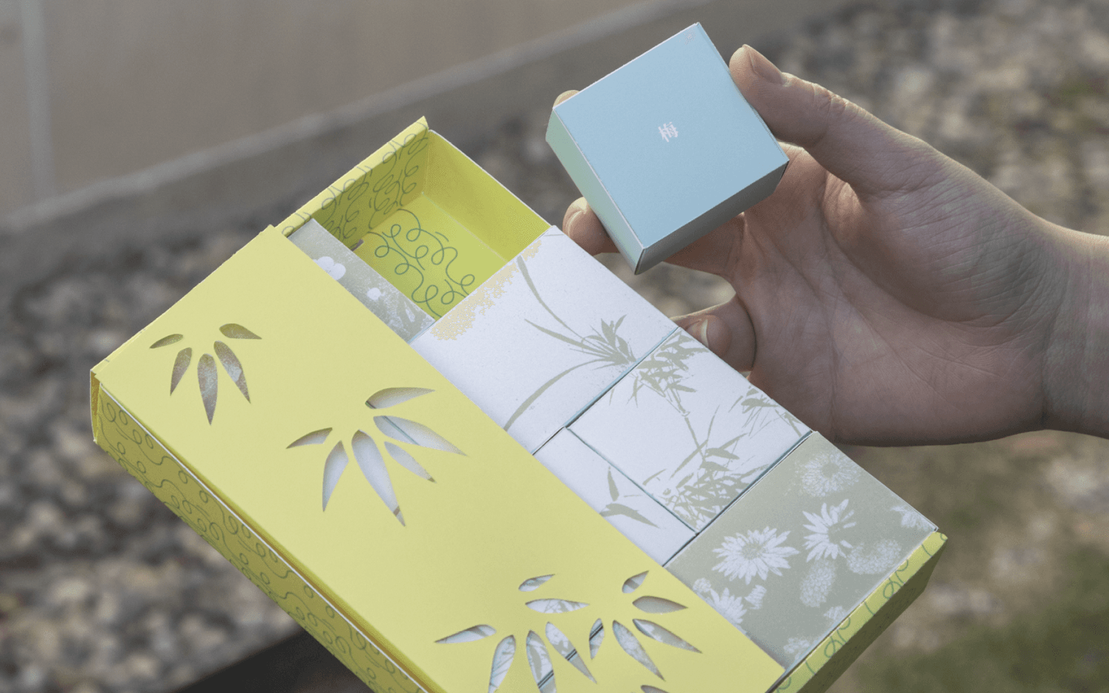 A hand lifting one chocolate box from the Gentle Series gift set