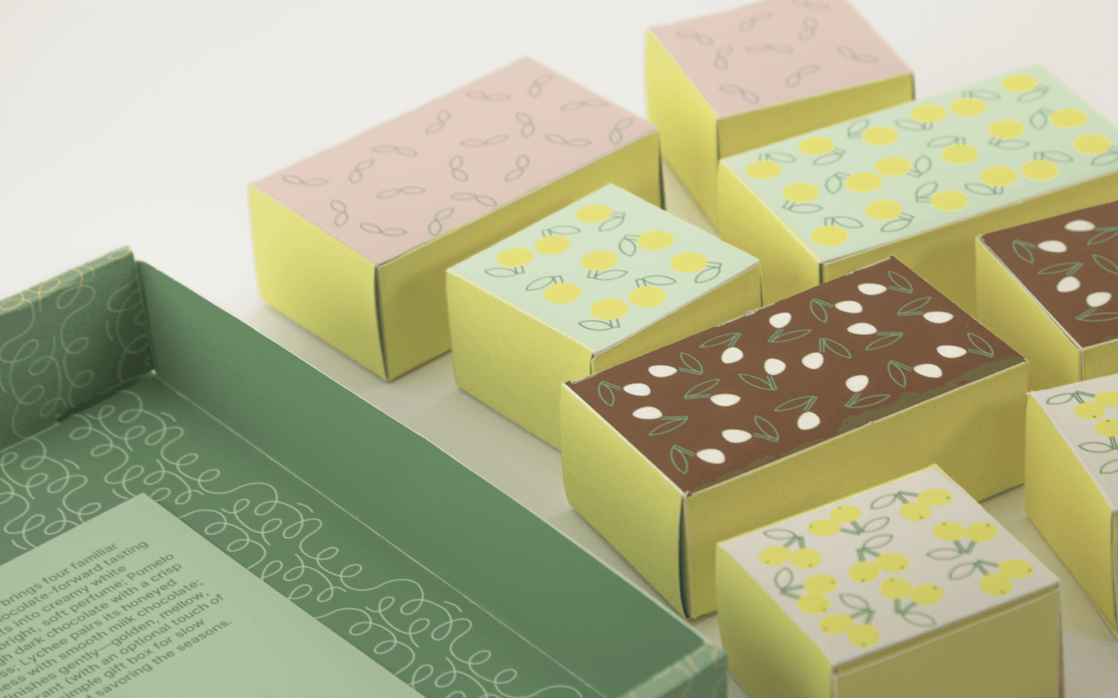 Close view of assorted chocolate boxes and the open gift package