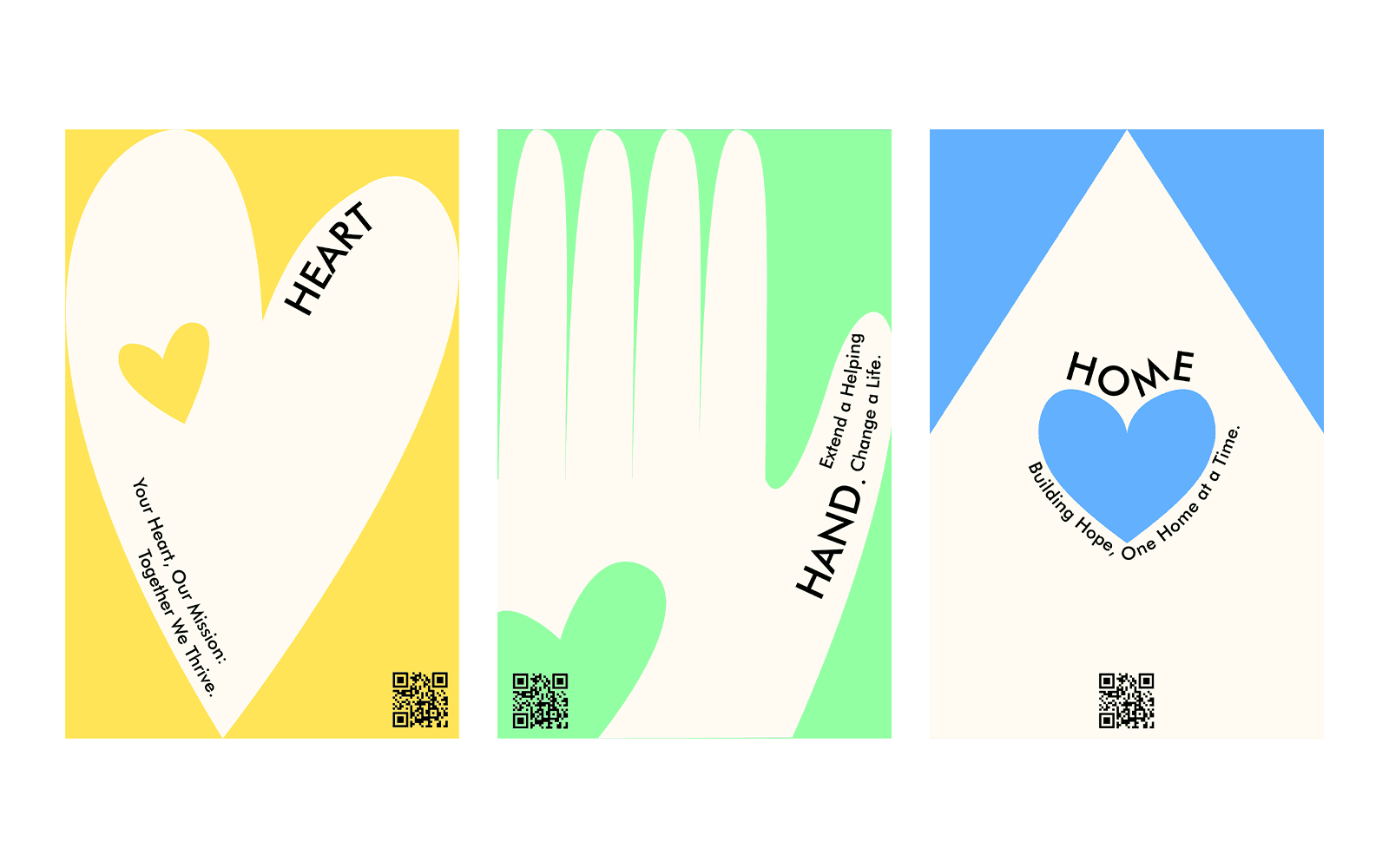 Three colorful Heart, Hand, and Home poster designs