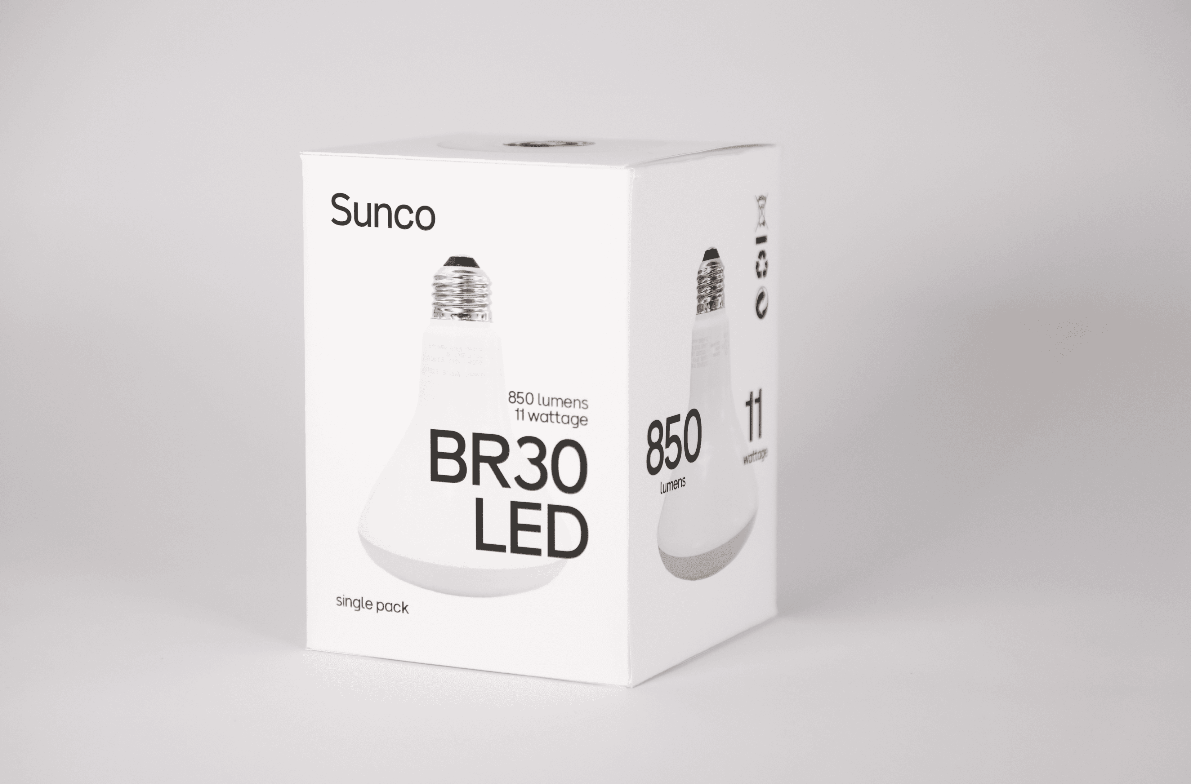 Front and side view of the Sunco BR30 LED light bulb package