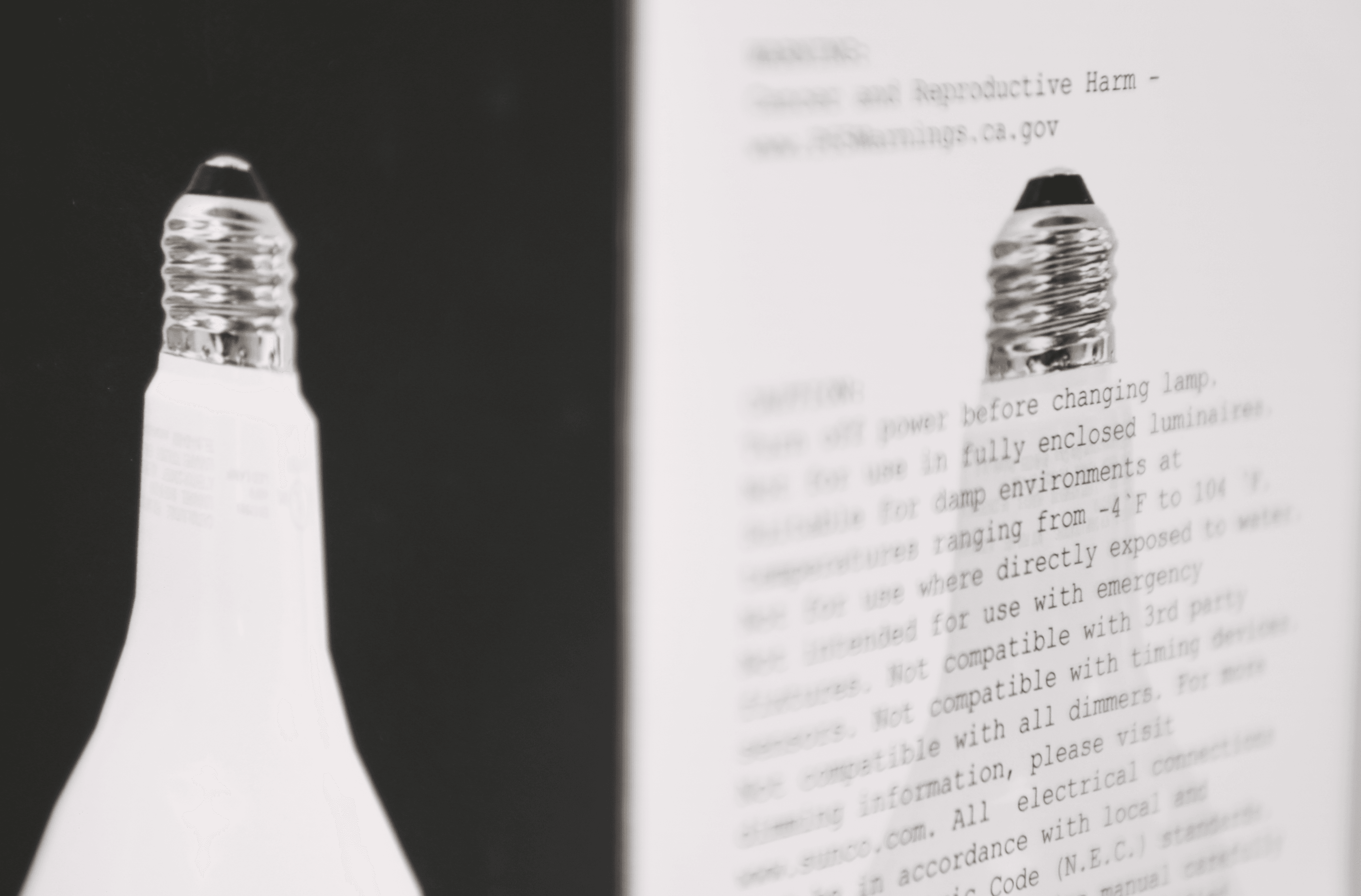 Close view of the light bulb and package safety information