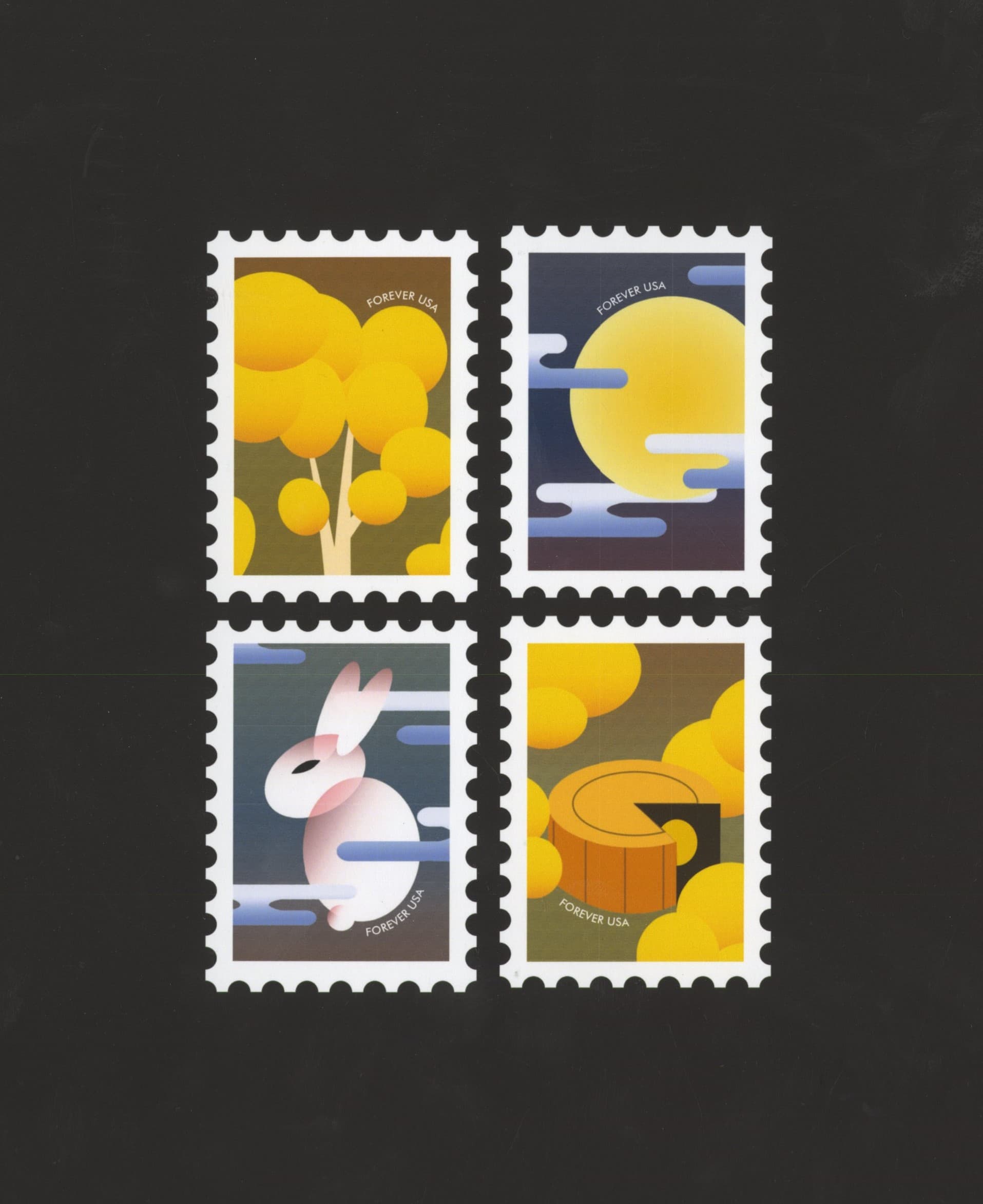 Four illustrated Mid-Autumn Festival stamps arranged on a dark background