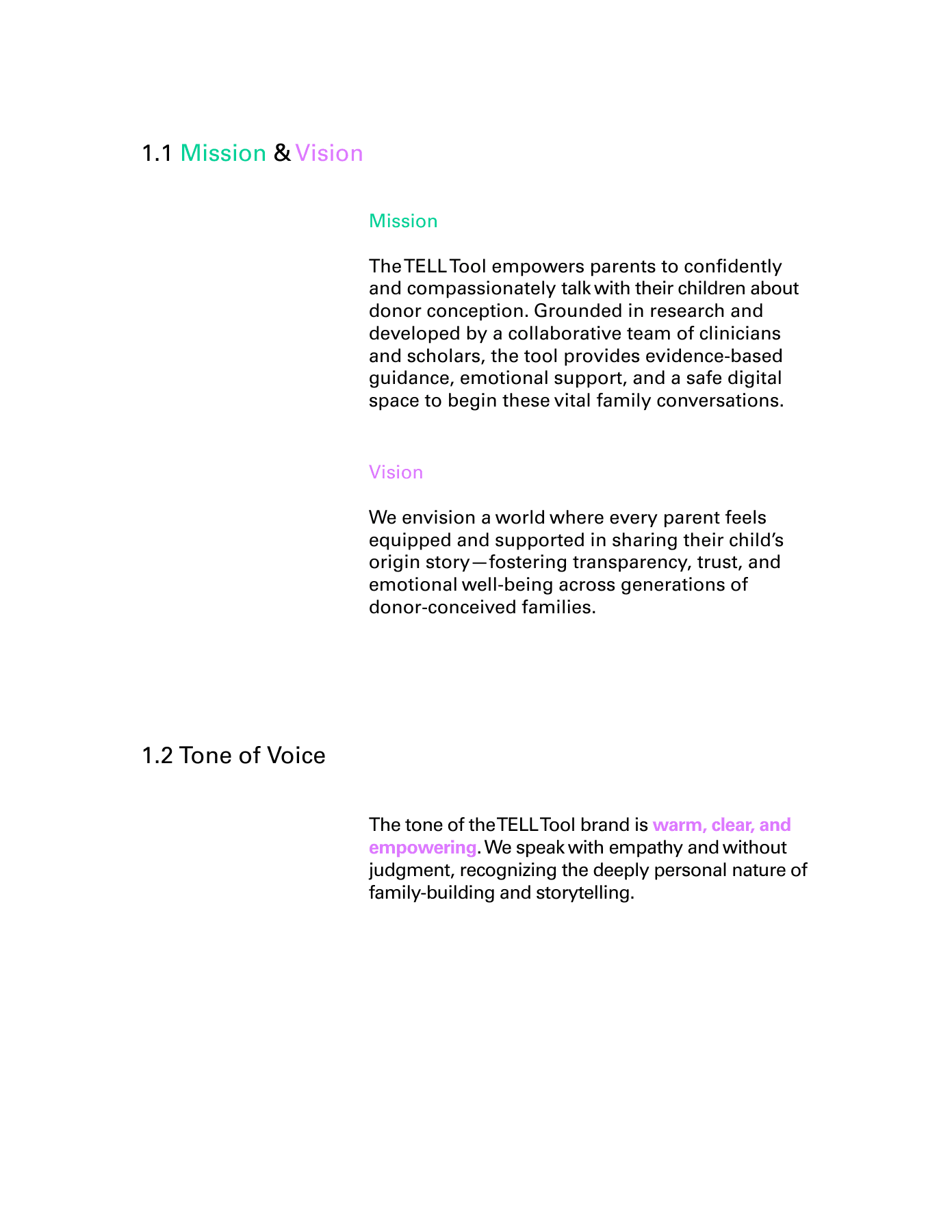 TELL Tool mission, vision, and tone of voice
