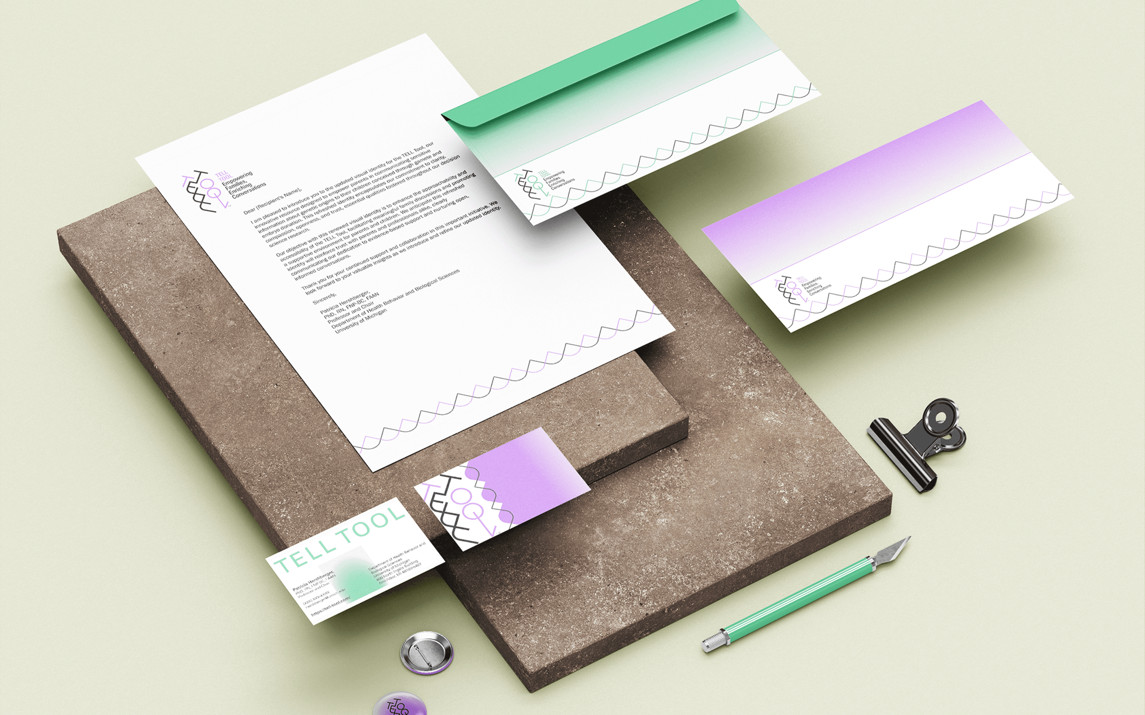 TELL Tool stationery system with letterhead, envelopes, and business cards