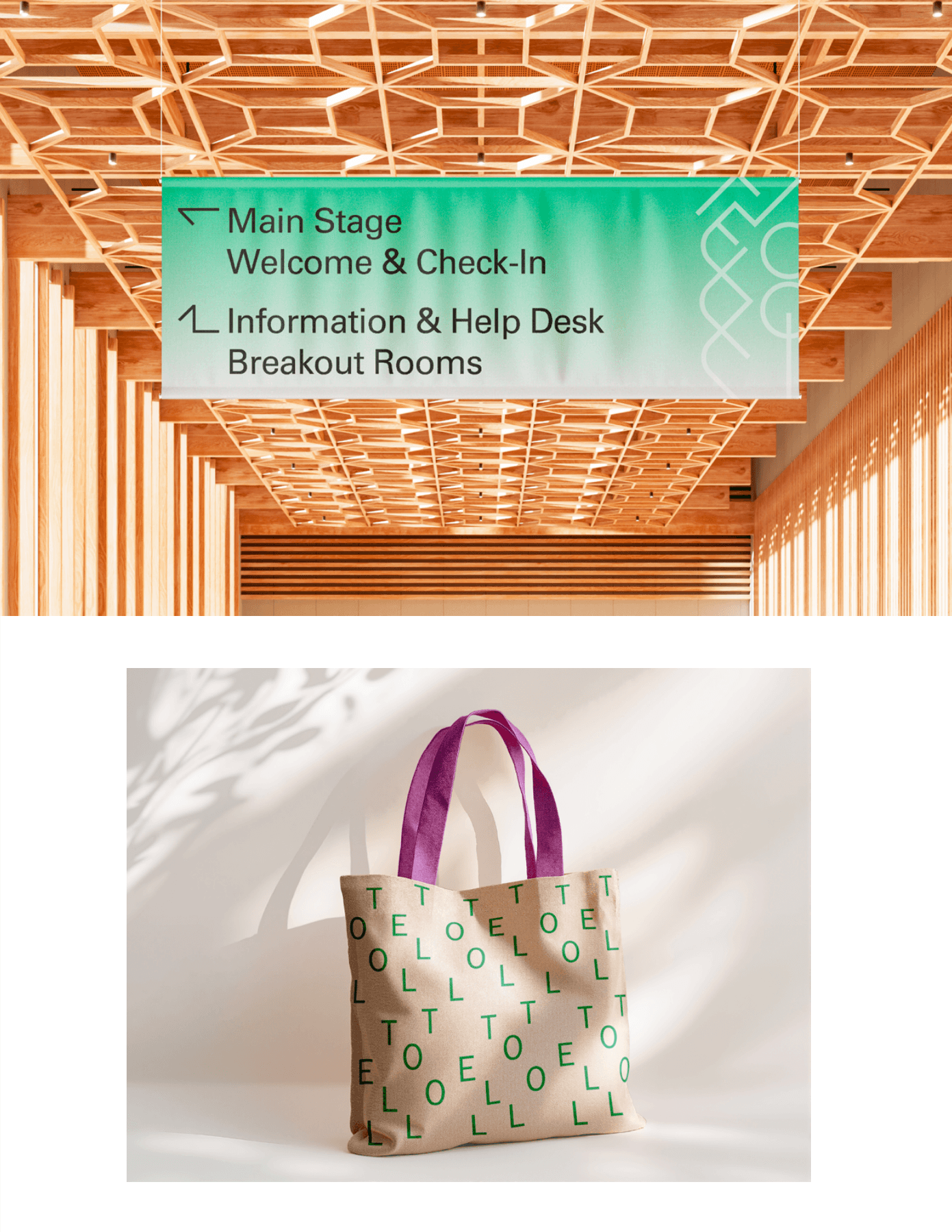 TELL Tool environmental signage and branded tote bag