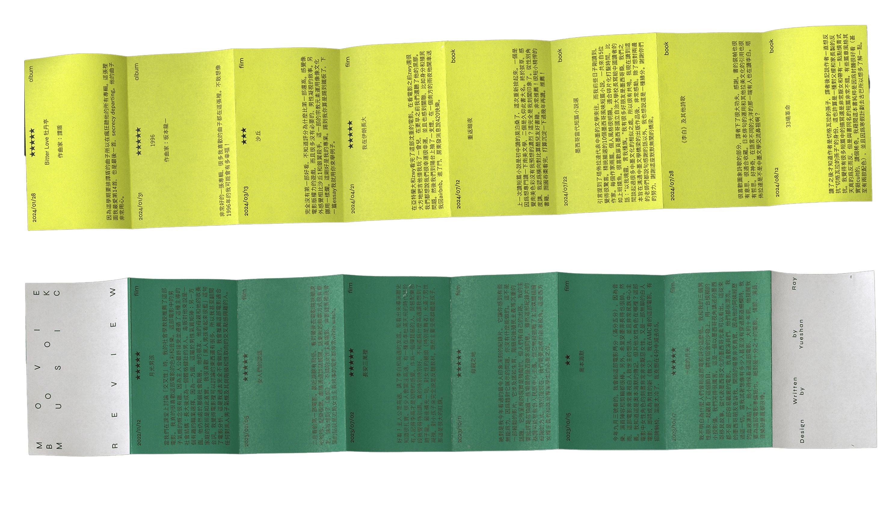 Yellow and green accordion-fold review publication